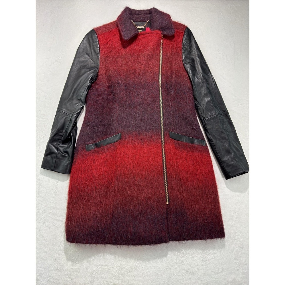 Ted Baker Coat Womens 2 Red Ombre Wool Leather Sleeve Asym Zip Biker Jacket